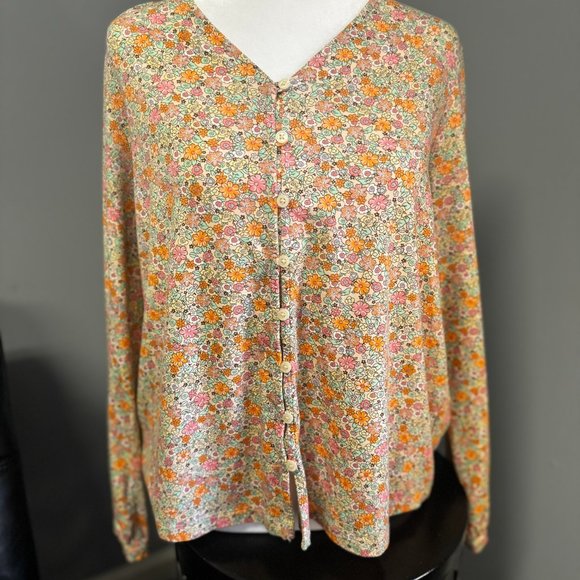 Lands End Orange Floral Long Sleeve Button Down Tencel - Picture 3 of 7